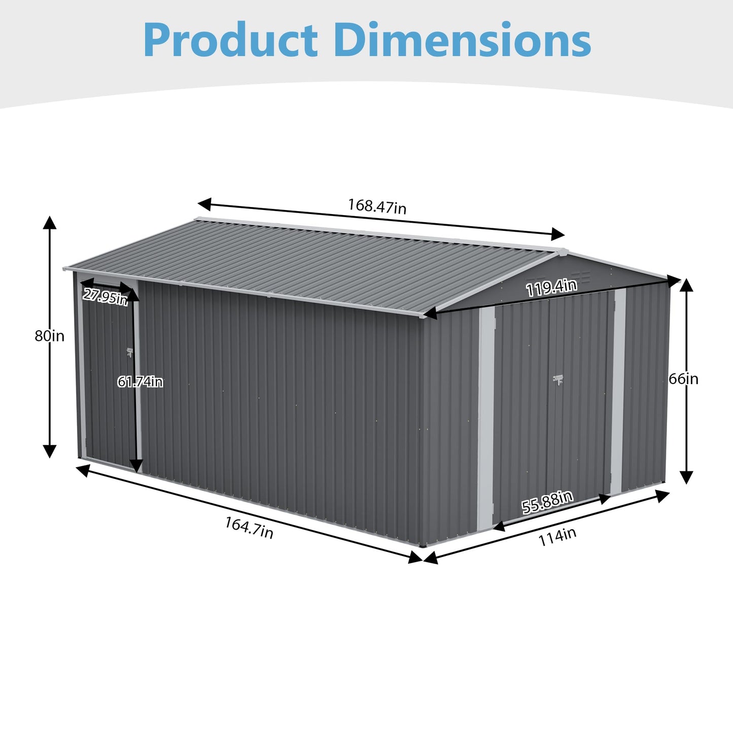 10'x14' Galvanized Steel Outdoor Storage Shed with 3 Lockable Hinged Doors & Side Access Door, 4 Top Air Vents & Built-in Raised Floor Frame, Large Garden Tool Shed, Gray