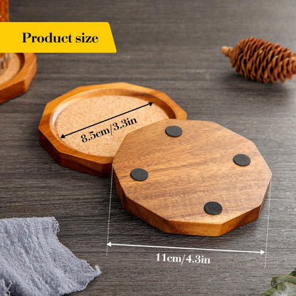 LiWiBet Wood Cork Coasters for Drinks Absorbent with Holder, 4.33in Decagonal Shape Acacia Wood Coaster Set Drink Coasters for Cups, Mugs, and Glasses - Handcrafted, Durable, and Stylish