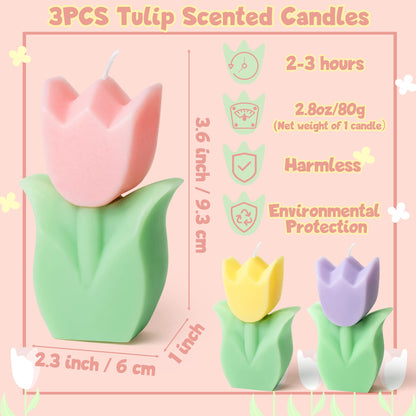 COcnny 3pcs Tulip Candle Decor, Tulip Shaped Scented Candles Decorations, Flower Aesthetic Paraffin Soy Wax Aromatherapy Candle Gift for Home Bedroom Birthday Wedding Spring Easter Party