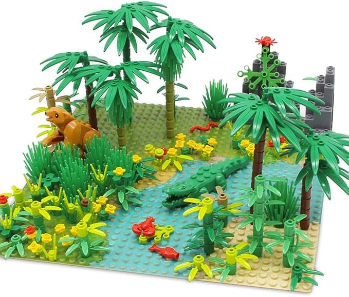Rainforest Jungle Trees Building Blocks Bricks with 2 Base Plates (10 Inches for Each) Forest Garden Plants Flowers Bushes Animals Kit Botanical Parts Scenery Toys Compatible with Major Brands
