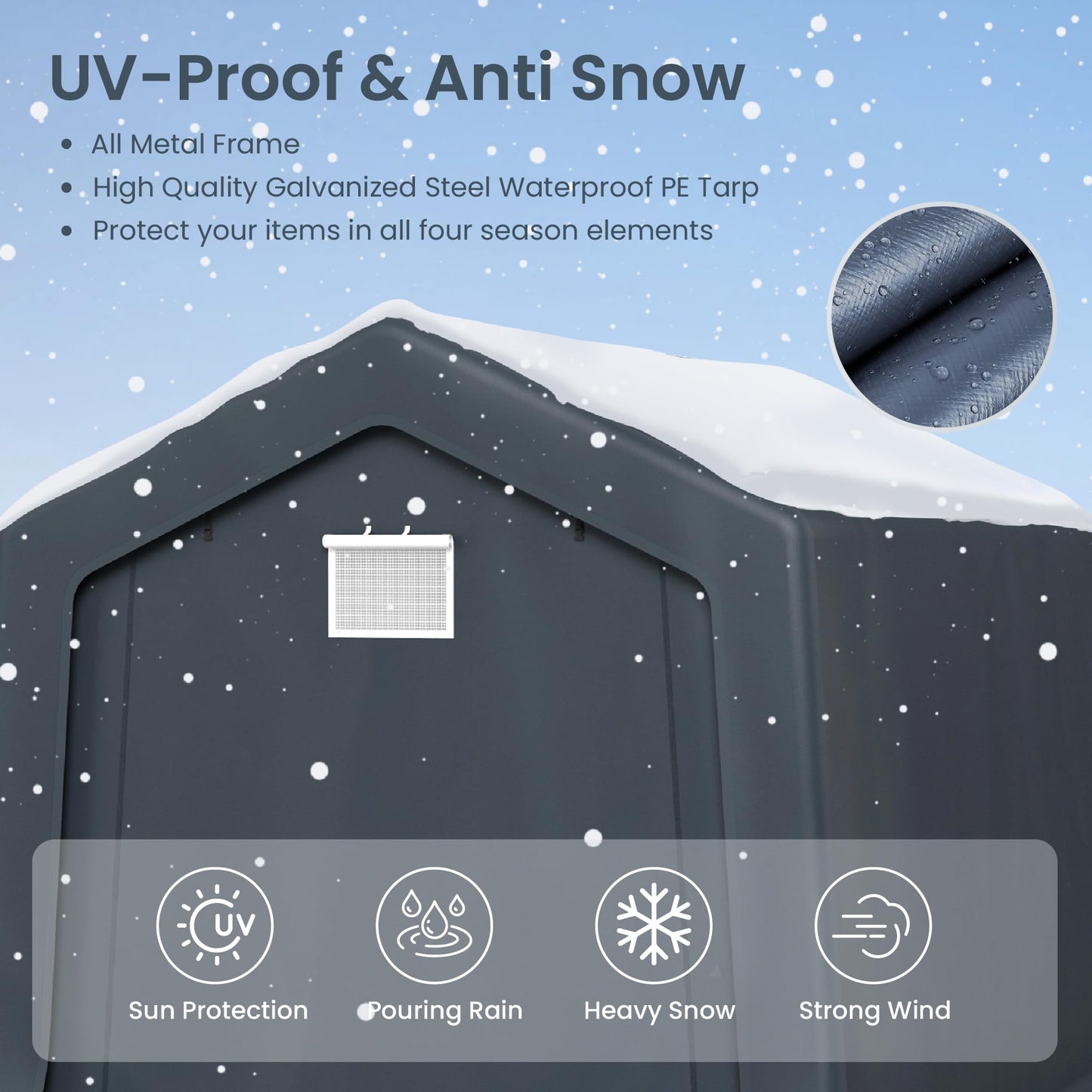 PHI VILLA 8x12ft Storage Shelter Shed, Portable Carports Outdoor Garage Canopy with Roll up Zipper Doors & Vents Waterproof UV Resistant Garages Tent for Cars,Boats,Tools, Motorcycle, Gray