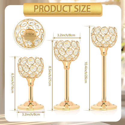 Kehail Crystal Metal Tealight Candlestick, Bling Bowl Candelabras, Tall Crystal Votive Candle Holders Elegant Crystal Candle Centerpiece for Dining Table Wedding Decor (Set of 3, Gold)