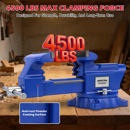 6-Inch Bench Vise with Jaw Pads, Heavy Duty Workbench Vise with Anvil, 360° Swivel Locking Base, 4500 lbs Clamping Force Bench Vice for Woodworking, Drilling, Pipe Cutting