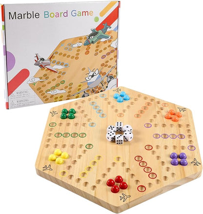 Original Marble Game Wahoo Board Game Double Sided Painted Wooden Fast Track Board Game for Friends and Party 6 and 4 Players 6 Colors 24 Marbles 6 Dice