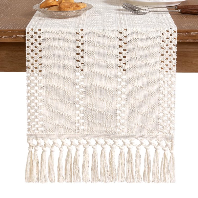 Socomi Boho Table Runner Summer Farmhouse Rustic Dining Kitchen Centerpiece Decor Small Macrame Woven Cotton Linen Coffee Table Runner for Dresser Scarf Home Decor 12x36 inch Cream Ivory