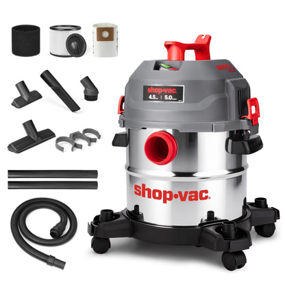 Shop-Vac 5 Gallon Ultra Quiet Shop Vacuum Wet and Dry, 4.5HP Stainless Steel Tank Wet/Dry Vacuum with Attachments, 1-7/8 In. x 7 Ft Hose, 15 Ft Cord, Ideal for Jobsite, Garage, Workshop & Home 5430542