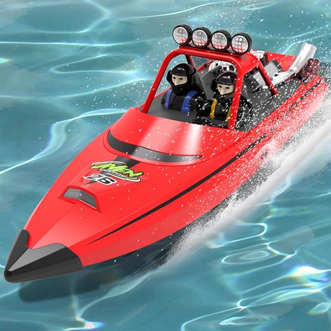 RC Boat W/ 2.4GHz Remote Control 2 Rechargeable Batteries &amp LED Lights for Pool Lakes Water High Speed RC Sport Jet Boat RTR for Adults Gifts Toys (Red)