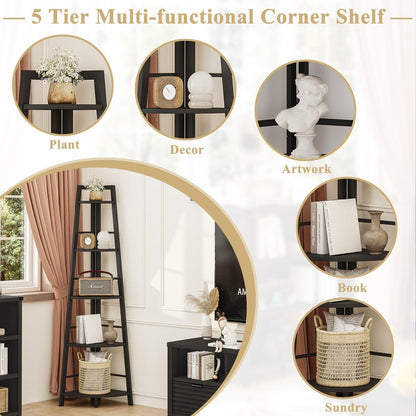 BON AUGURE 5-Tier Corner Shelf, Industrial Tall Corner Bookshelf for Living Room, Narrow Ladder Bookcase with Metal Frame, Rustic Wood Corner Plant Stand for Small Space, Home Office, Black Oak