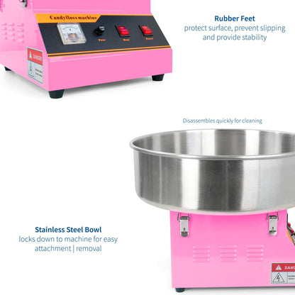 VIVO Pink 1030W Electric Cotton Candy Maker, Commercial Candy Floss Machine with 20 inch Stainless Steel Bowl, Includes Bubble Shield Cover and Sugar Scoop, Easy Home Use, CANDY-KIT-1