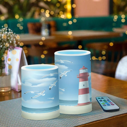 WEVIBOFU Lighthouse Seagull Beach Flickering Flameless Candles LED Battery Operated with Remote Timer Pillar Candles for Home Birthday Wedding Christmas Decor, Set of 2