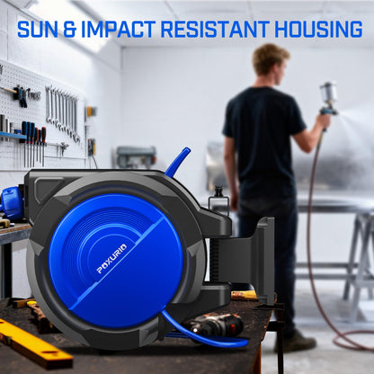 POXURIO 120FT+6.5FT Retractable Air Hose Reel, 5/16" Hybrid Air Hose, Air Compressor Hose Reel with Max 300 PSI Patented Design, Retractable Auto-Rewind Enclosed Heavy Duty 180° Swivel Mount