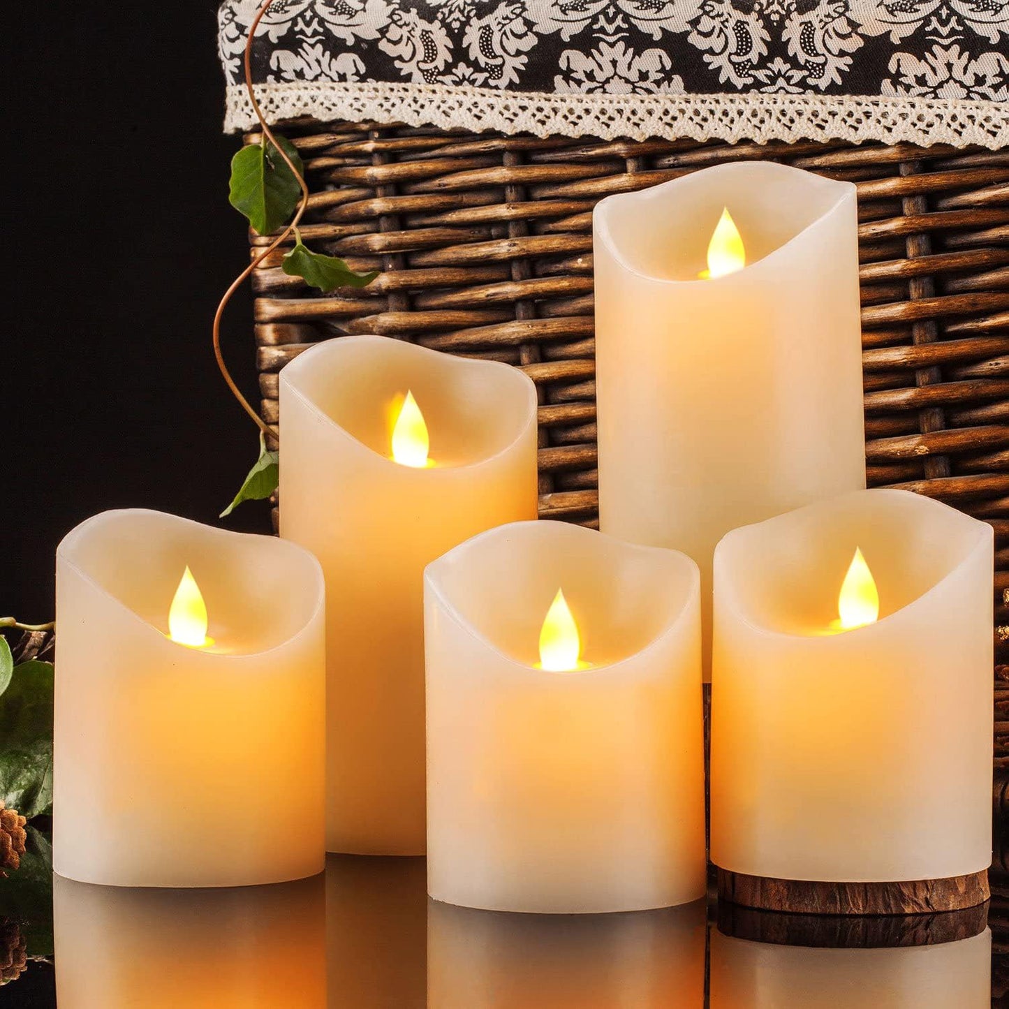 Enpornk Flameless Candles, Flickering Moving Flame LED Candles Set of 5 (Size: D: 3" x H: 4"/4"/4"/6"/6") Pillar Realistic Real Wax Battery Operated Candles with Remote Control 2 4 6 8 Hours Timer