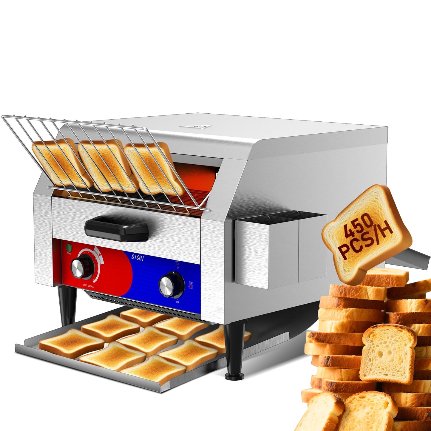 HTTSICHI Commercial Conveyor Toaster w/ 3 Slice Wide Slot, 450 Slice/hour Commercial Toaster w/ 14.1’’ Wide and 3‘’ Opening, Industrial Kitchen Cooking bagel w/Stainless Steel and Heavy Duty