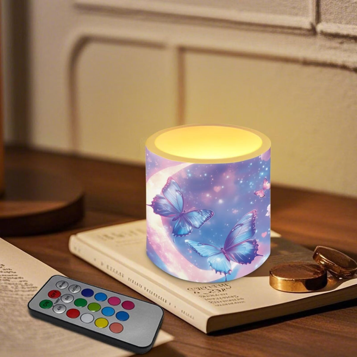 NETILGEN 4 Packs Flameless Candles with Remote Timer Color Changing 3 inch Flickering Flameless Candles with Battery Operated Moon Blue Butterfly Print