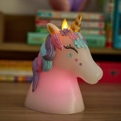 Luminara Flameless Unicorn Figural Color Changing LED Candle, 6.3" x 6.7", Battery Operated w/ 18 Button Remote Control, Real Wax, Unscented Safe