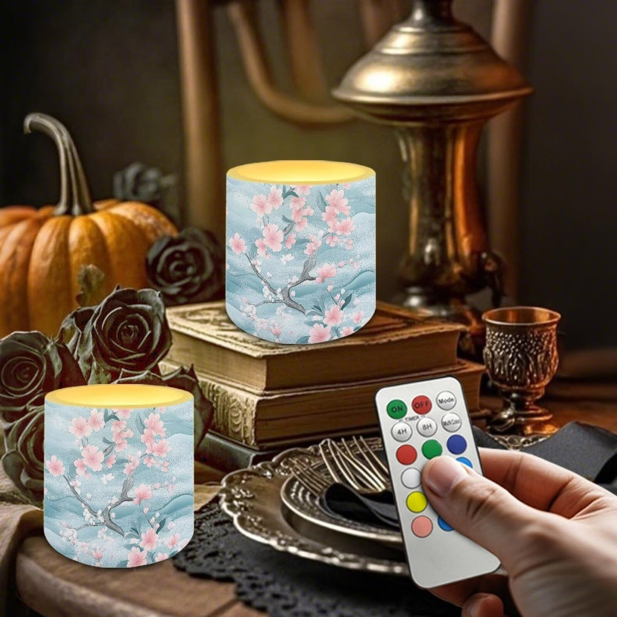 Cozeyat Marbel Cherry Blossoms Convenient Flameless Candles 4 Pack Battery Operated LED Pillar Candles with Remote Control Timer Waterproof for Indoor Outdoor All Uses