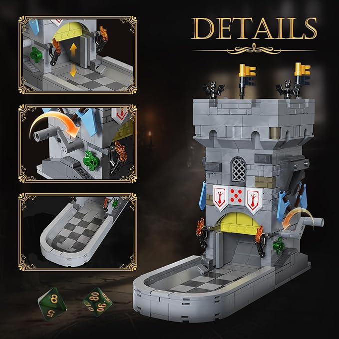 Dice Tower Castle Building Set Creative Tabletop Games Toy with 7-Die Polyhedral Dice for DND Pathfinder Suitable for Gamers and Enthusiasts