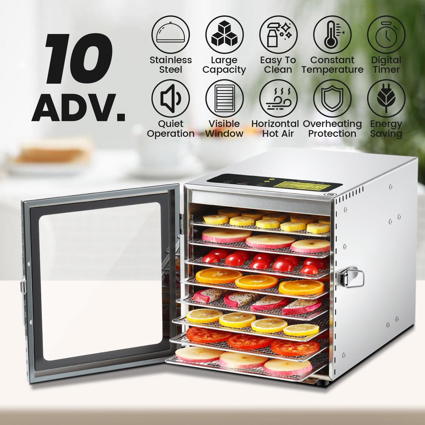 Cercker Food-Dehydrator Machine 8 Stainless Steel Trays, 500W Jerky Dehydrator for Meat, 190ºF Mushroom Dryer, 24H Timer Fruits Dryer for Herbs, Veggies, Yogurt & Dog Treats