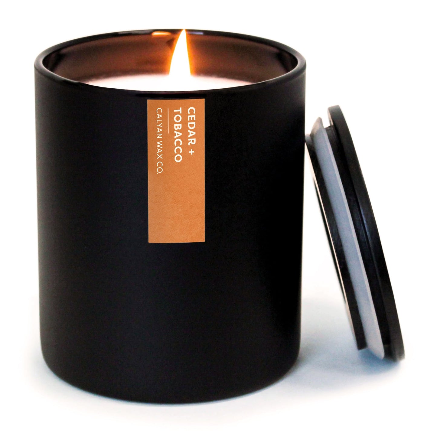 Calyan Wax Co. Cedar & Tobacco Scented Candle - 75 Hour Burn - Luxury Clean Soy Wax Candles - Long Lasting Black Tumbler Jar Candle for Home - 10.2oz