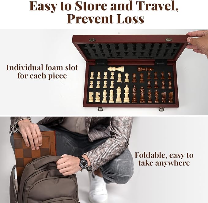 Strong Magnetic Chess Set for Adults &amp Kids 15.4 Leather Chess Board &amp Handcrafted Wooden Chess Pieces with Storage Slots Portable Travel Chess Game for Beginner and Professional