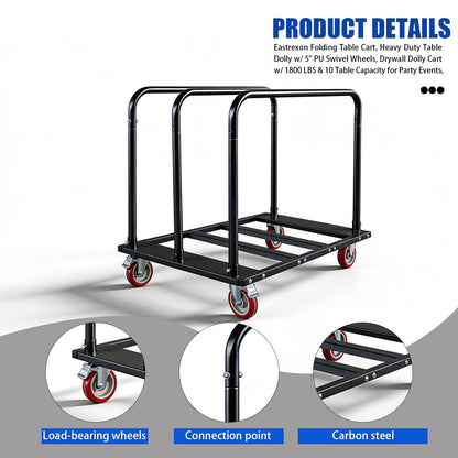 Folding Table Cart, Heavy Duty Table Dolly with 5" PU Swivel Wheels, 1800 LBS Capacity Drywall Trolley, 10 Table Load for Party Events, Hotel, Warehouse, Factory, Moving Panels, Drywall, Boxes