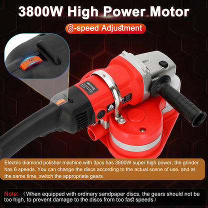 Electric Diamond Polisher Machine with Telescopic Rod，3800W Concrete Grinder Machine with 6-Speed Control & Dust Collection Cover, Floor Grinder for Grinding Concrete Deck Marble Granite