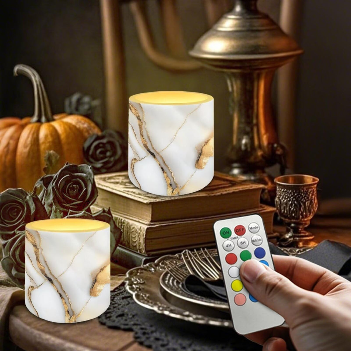 NETILGEN 3 inch Decorative LED Candles Flameless Candles with Remote Control Timer Set of 4 Battery Operated Candles for Home Party Decor White Golden Marble Print