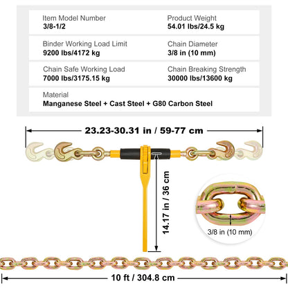 VEVOR Chain and Binder Kit, 3/8"-1/2" Ratchet Load Binders 9200 lbs Working Load Limit, 3/8" x 10' G80 Chains with Grab Hooks, Ratchet Binders and Chains for Truck, Tie Down, Hauling, Towing, 2 Set