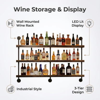 Woskar 3-Tier Wall Mounted Wine Rack, Industrial Pipe Bar Shelf for Wine Bottle Storage, Industrial Pipe Shelves Shelf Shelving for Home Bar Dining Room Kitchen (47.2" W x 47.2" H)