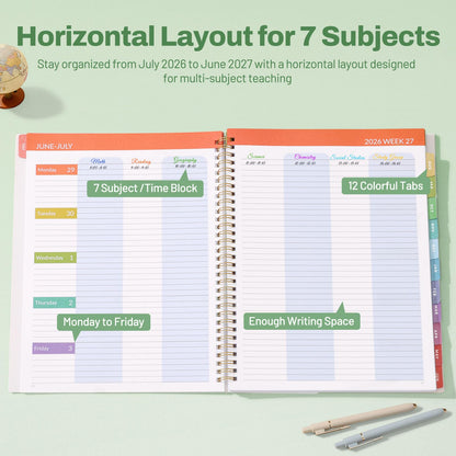 SUNEE Teacher Planner 2026-2027 Academic Year, 7 Periods Lesson Plan Book Jul 2026 - Jun 2027, 8.5"x11"Daily Weekly Monthly Organizers Horizontal Layout with Calendars, Bookmark, Tabs, Wildflowers