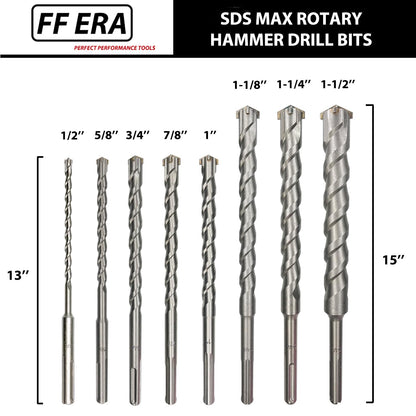 FF ERA SDS MAX Rotary Hammer Drill Bits – U-Flute - Masonry Drill Bits - Carbide Tipped for Brick, Stone, Concrete - 1/2'' 3/4'' 5/8'' 7/8'' 1'' x 13'', 1-1/8'' 1-1/4'' 1-1/2'' x 15'' (8-Piece Set)