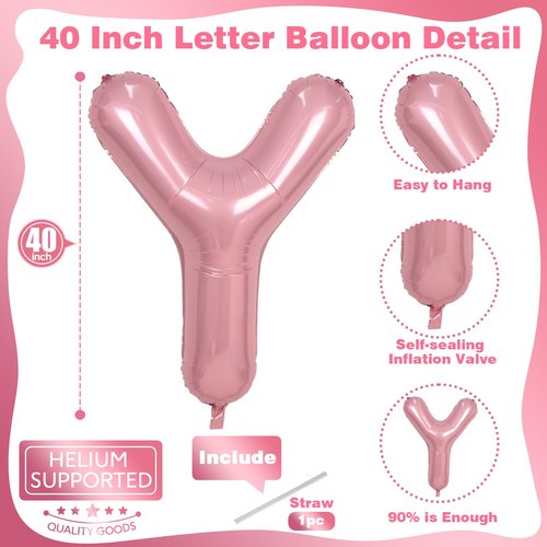 Giant Letter Y Foil Balloon Baby Pink, Pastel Pink Inflatable Word Balloon Y Alphabet Birthday Decor, 40 Inch Pearl Pink A-Z Custom Alphabet Balloons for Girls Baby Shower Party Decoration Supplies