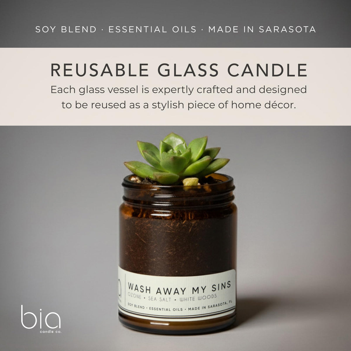 Bia Candle Co. Wash Away My Sins Candle, Sea Salt Lily of the Valley Soy Candle, Moss Ozone, Perfume-Inspired, Hand Poured USA, High Fragrance Load, Lead-Free Wick, Reusable Glass Jar, 7 oz