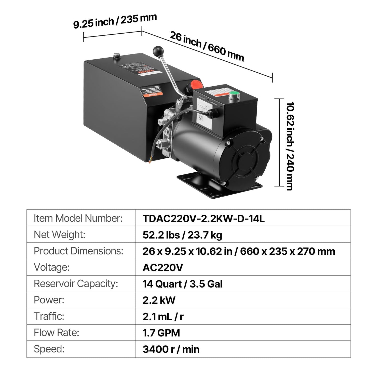 VEVOR 14 Quart Hydraulic Power Unit, Single Acting Steel Dump Trailer Pump, 3200 PSI Max Relief Pressure & 1.7 GPM Flow Rate, 220-240V Hydraulic Pump with Metal Reservoir for Dump Trailer Car Lifting