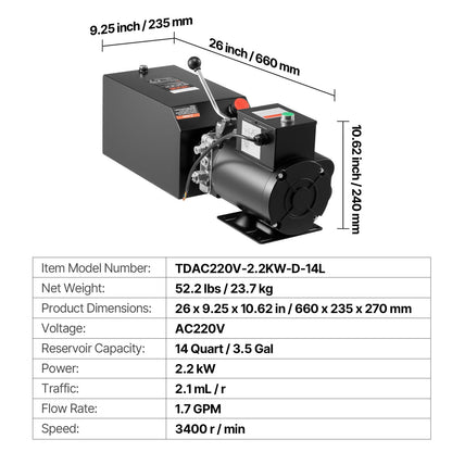 VEVOR 14 Quart Hydraulic Power Unit, Single Acting Steel Dump Trailer Pump, 3200 PSI Max Relief Pressure & 1.7 GPM Flow Rate, 220-240V Hydraulic Pump with Metal Reservoir for Dump Trailer Car Lifting