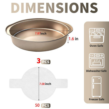 8 Inch Cake Pans, 3PCS Nonstick Round Baking Pans with 50PCS Parchment Papers, Durable Birthday Circle Cake Baking Pan with Handle for Multi-Layer Cakes, Dishwasher Safe (Gold, 8 inch)