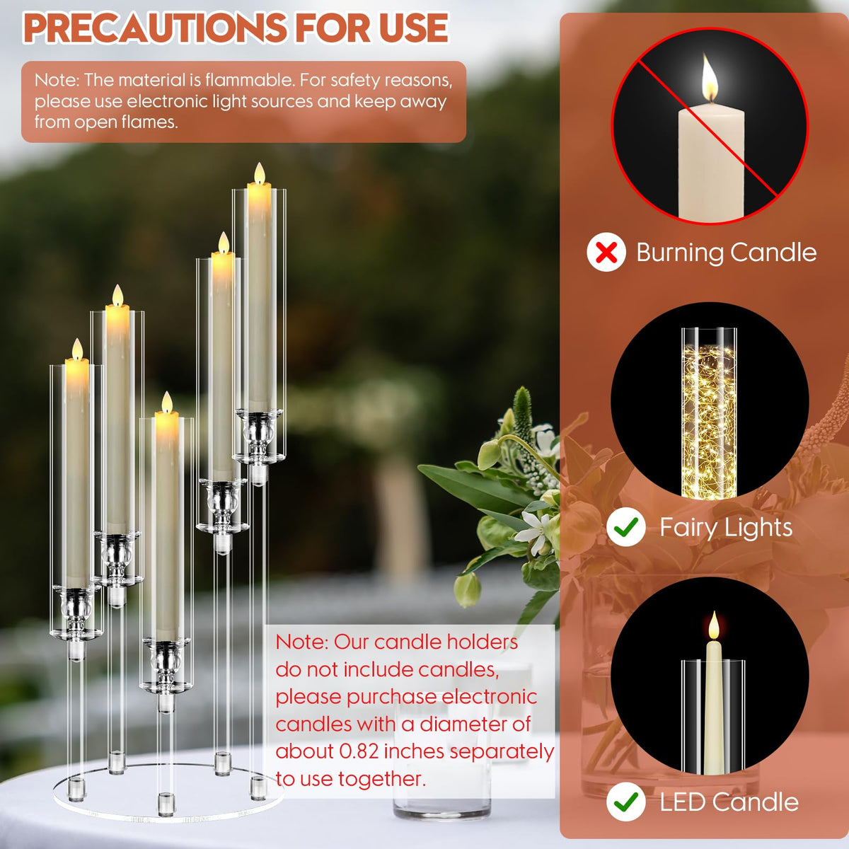 2 Set 5 Arm Acrylic Candle Holder, Mjkeomo 22'' Tall Candelabra Centerpieces for Tables, Candlesticks Holder with Lampshade for Housewarming Gift Fireplace Dinner Decor Fit 0.82'' LED Candle