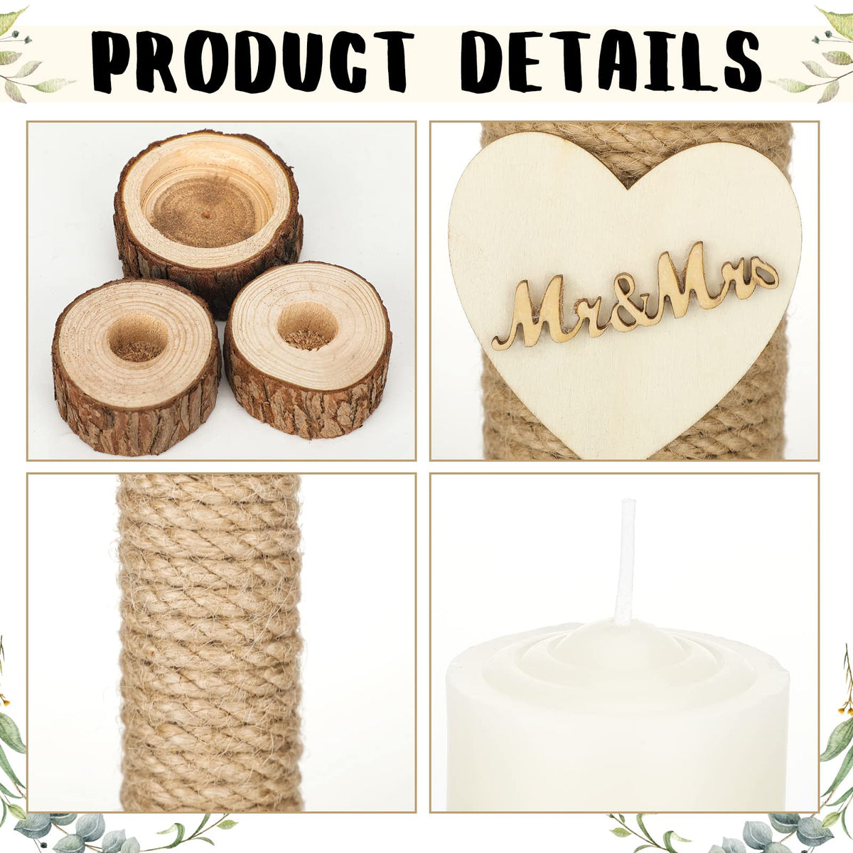Amyhill 3 Pcs Rustic Unity Candles for Wedding Ceremony Set Mr and Mrs Burlap 1(5.9'') Pillar 2(9.8'') Taper Candles for Weddings Ceremony Events Decor Emergency Lighting(Romantic Style)
