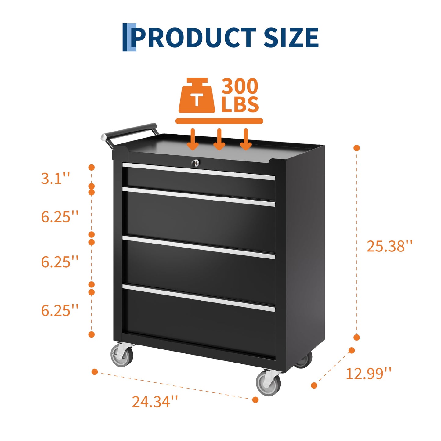 PeakPursuit 4-Drawers Rolling Tool Chest, Portable Tool Box with Wheels and Lock System, Secure Storage Cabinet for Warehouse, Workshop, and Repair Shop, Black
