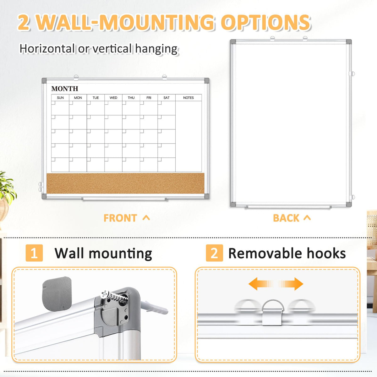 QUEENLINK Dry Erase Calendar Board for Wall, 24"x18" Magnetic Whiteboard Calendar Double-Sided Monthly White Board with Cork Board, Aluminum Frame Memo Message Board for Office, Home, School, Kitchen