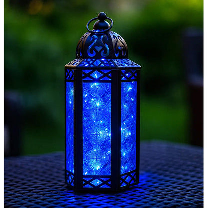 Vela Lanterns Decorative Indoor Moroccan Candle Holder & LED Fairy Lights -Twinkle Turkish Lamp, Fantasy Home Decor Table Centerpieces, Hanging Outdoor Patio Porch Wedding Ramadan (10.5", Blue)