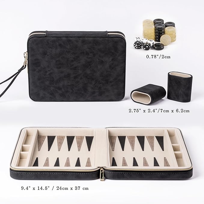 Backgammon Sets for Adults Classic Board Game with Folding Faux Leather Backgammon Case Portable Travel Backgammon Game Set (Black)