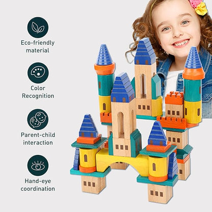 Xylolin Wooden Castle Building Blocks Set Big Solid Beech Wood Toddlers Stacking Block Toy Kids Construction Playset for Boys Girls 69 Pieces Set