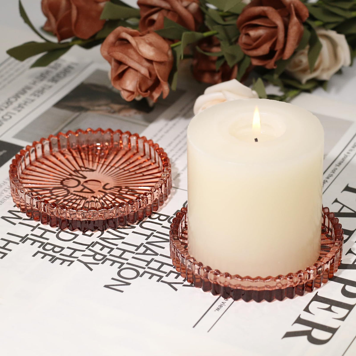 CHOCSTAY Glass Pillar Candle Holder, 4" Candle Plates Set of 6, Glass Candle Holders for Wedding, Party, Holiday, Home Decor, Table Centerpiece