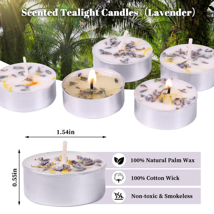 Lavender Scented Tealight Candles 16 Pack - 4-Hour Palm Wax White Tea Lights, Plant Dried Flower Scented Tea Candle (Paraffin-Free), Votive Candles for Home/Yoga/Bath/Meditation