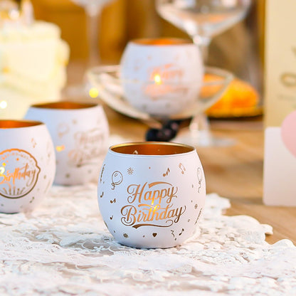 Happy Birthday Decorations White Glass Tealight Votive Candle Holders Set of 4, Birthday Gift Decor with Balloon Carvings, Birthday Party Centerpieces Table