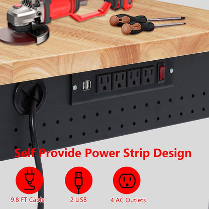 GarveeLife Adjustable Workbench,72 in x 25 in Heavy-Duty Rubber Wood Shop Table with 28.3-38.1 in Height Adjustment,2000 LBS Load Capacity,Garage Workbench with Power Outlets & Lockable Wheels