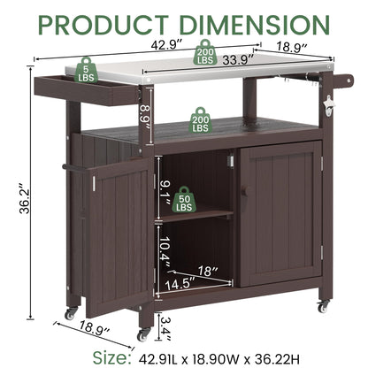 Sunnibety Weatherproof HIPS Outdoor Kitchen Island with Stainless Steel Top & Storage Cabinet, Movable Prep Table with Wheels for BBQ Food Prep, Outdoor Grill Cart for Parties, Brown