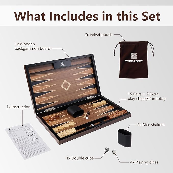 Wood Backgammon Set for Adults – 15 Inch Classic Board Game Case - Premium Folding Backgammon Set with Oversize Wooden Playing Pieces Dices - Portable Travel Backgammon Game Set for Adults