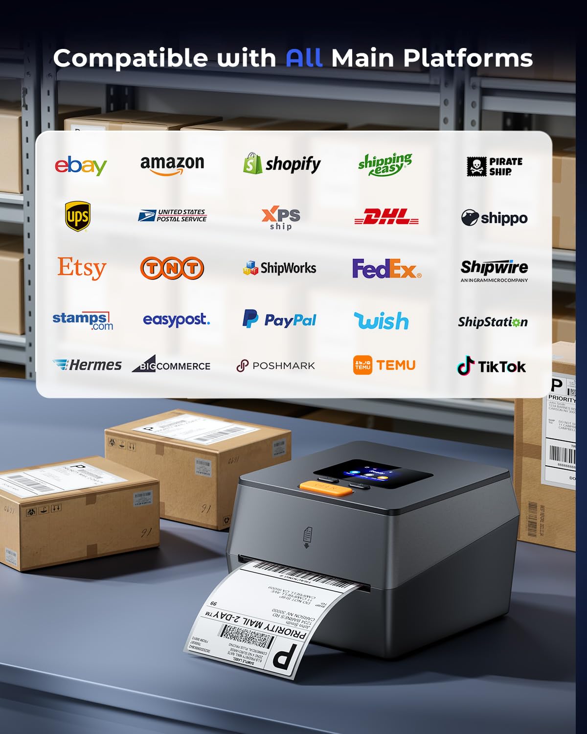 Phomemo Shipping Label Printer with Touchable Screen, 4x6 Bluetooth Thermal Label Printer with Built-in Label Holder, D420D Thermal Printers for Small Business, Compatible with USPS, Tiktok, Amazon